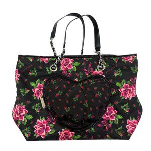 BETSEY JOHNSON Whimsical Goth Floral Rose Heart Tote Bag / Purse - EUC